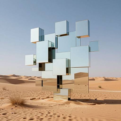 Photograph of a modern, abstract glass sculpture with reflective, cubic shapes standing in a desert with golden sand dunes and clear blue sky.
