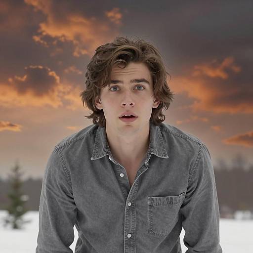 Young Man with Surprised Expression in Winter Landscape