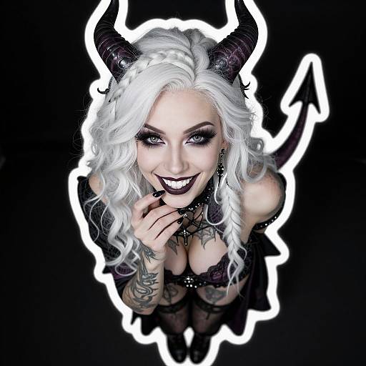 Digital art of a smiling, pale-skinned, white-haired demon woman with black horns, dark lipstick, tattoos, and glowing white outline against a black