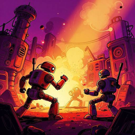 Digital comic art of three robotic figures battling amidst a fiery explosion in a futuristic, industrial setting with vibrant reds and oranges.