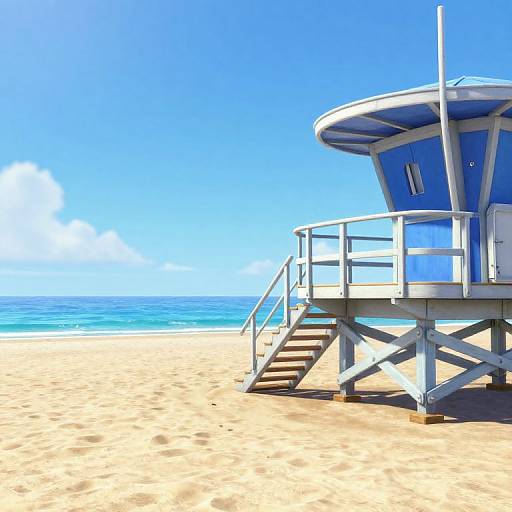 Bright beach photograph with a blue lifeguard tower on the right, wooden stairs, clear blue sky, and turquoise ocean in the background.