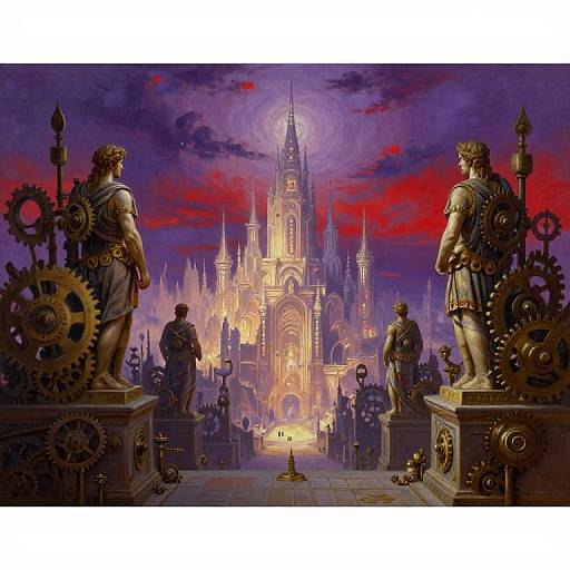 Digital fantasy artwork: Two armored Roman statues with gears on pedestals face a glowing, gothic castle under a red and purple sky.