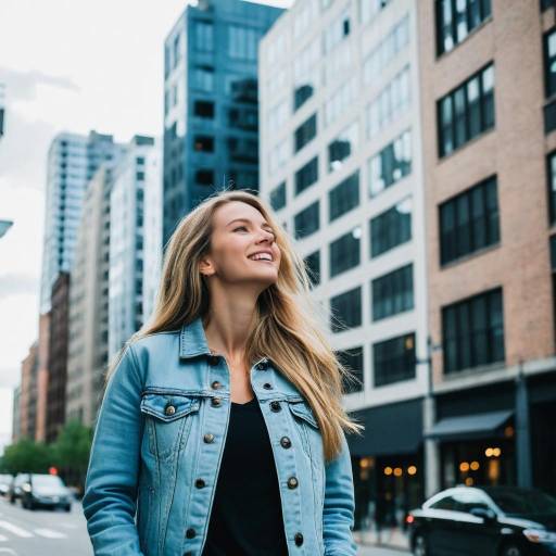 Smiling Woman in Denim Jacket on City Street