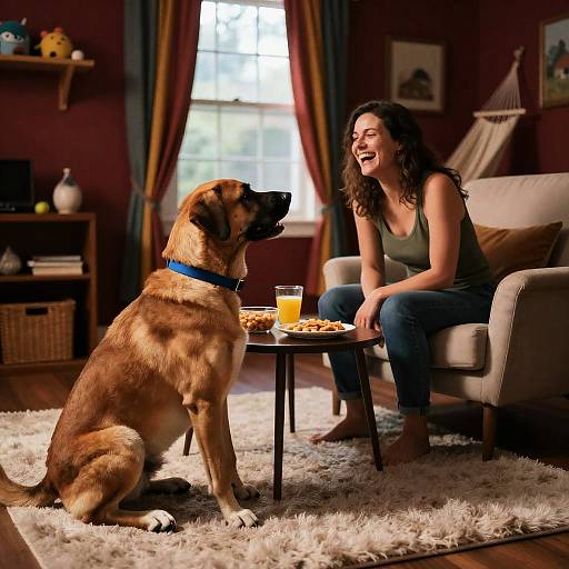 Joyful Woman and Dog in Cozy Room