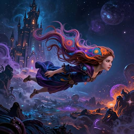 Digital fantasy artwork: A red-haired woman with vibrant, swirling hair flies through a magical night sky, past a glowing, Gothic castle, surrounded by planets