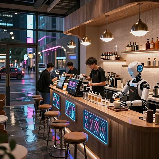 Futuristic Night Cafe with Robotic Baristas