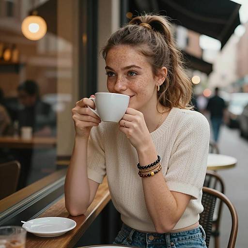 Cheerful Café Scene with Freckled Woman