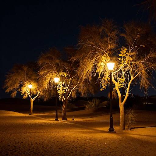 Starlit Desert with Glowing Lampposts