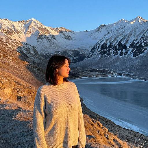 Young Asian woman in a white knit sweater stands in a sunlit mountain landscape with snow-capped peaks and a calm lake.