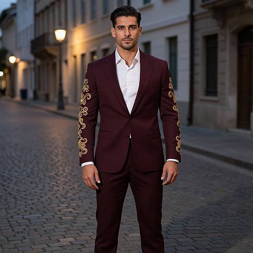 Photograph of a handsome, dark-haired man in a maroon suit with gold embroidery, white shirt, standing on a cobblestone street at dusk