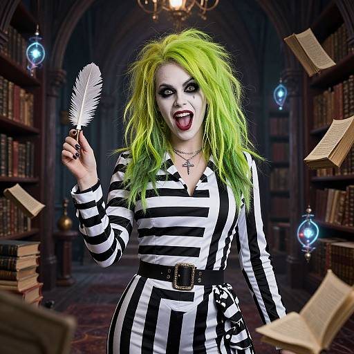 Photograph-style digital art of a green-haired woman with white face paint, striped black-and-white dress, holding a white feather, in a dimly