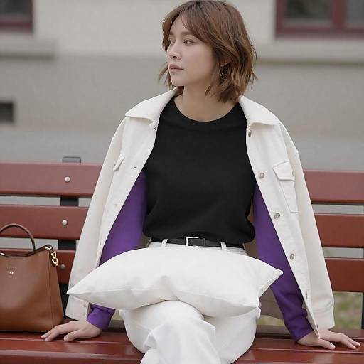 Short-Haired Woman on Red Bench