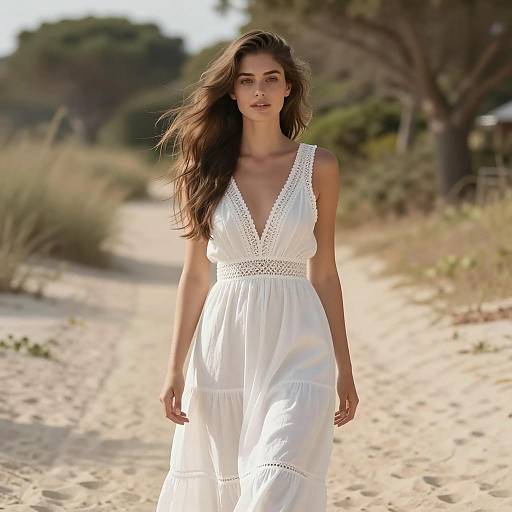 Young Woman in White Summer Dress on Sandy Path