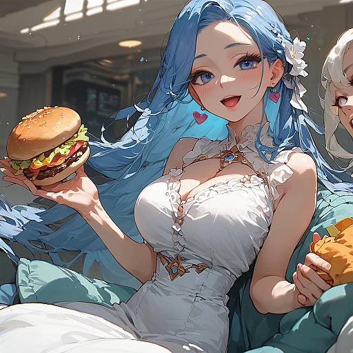 Anime Girl with Blue Hair Eating Burger