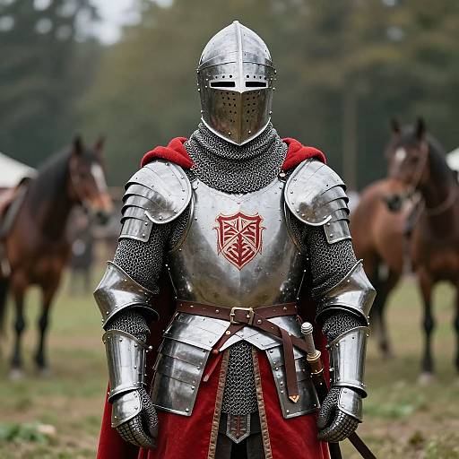 Photograph of a knight in silver armor with a red emblem, red cloak, and helmet, standing in a grassy field with horses in the background