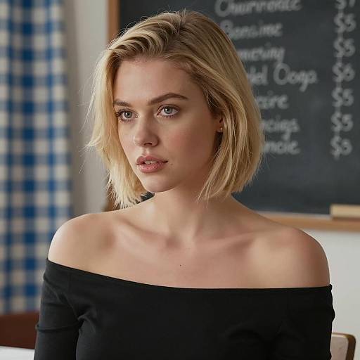 Blonde Woman in Black Off-Shoulder Top