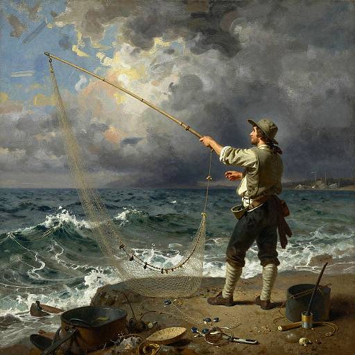 Stormy Shore Fisherman in Realism