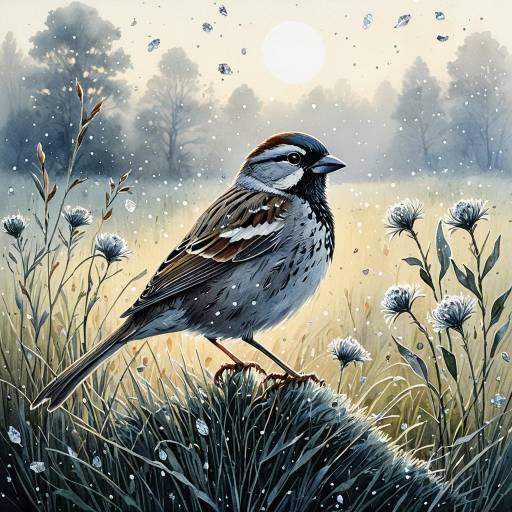 Silver Sparrow in Misty Morning Meadow