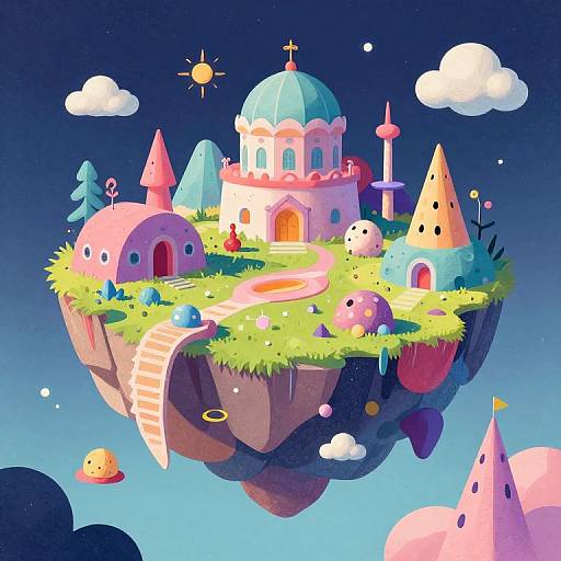 Whimsical digital illustration of a floating, colorful island with a pastel blue dome mosque, quirky buildings, grassy terrain, and vibrant, playful