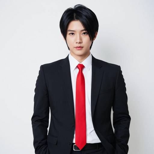 Young Man in Black Suit with Red Tie