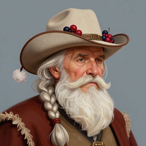 Digital painting of an elderly white man with a long white beard, braided hair, wearing a beige cowboy hat adorned with red and blue berries, and