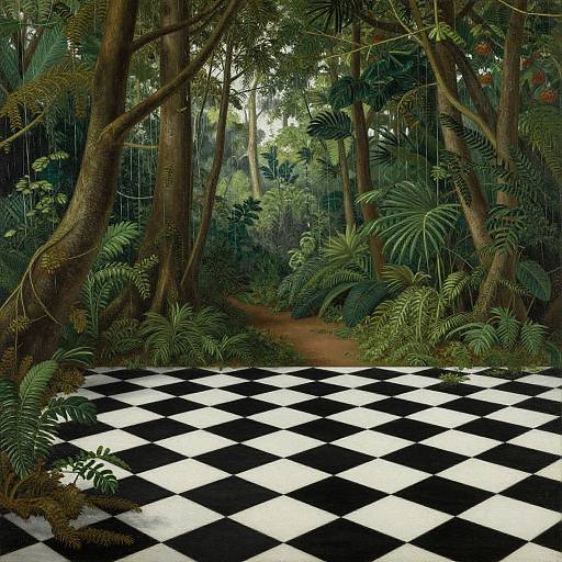 Photorealistic digital art of a lush, green jungle with dense foliage, tall trees, and a black-and-white checkered path in the foreground.