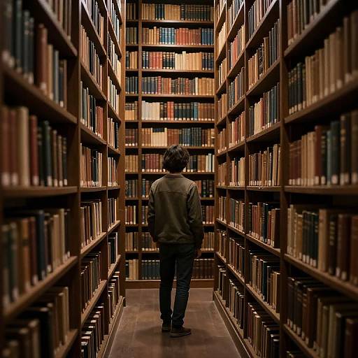 Photograph of a person with short, curly hair standing in a narrow library aisle, facing rows of tall, wooden bookshelves filled with colorful books