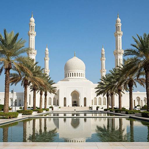 Photograph of a white, ornate Islamic mosque with four minarets, surrounded by palm trees, and a reflective rectangular pool under a clear blue