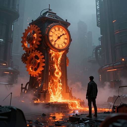 Digital art: A giant, clock-shaped structure engulfed in fiery flames and surrounded by large gears, with a silhouetted figure standing in front