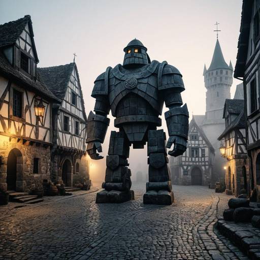 Stone Golem Guarding Medieval Village Square