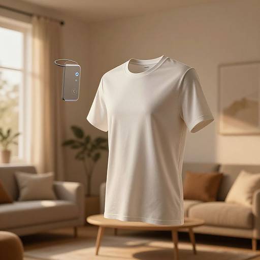 Photograph of a white, short-sleeve t-shirt hovering mid-air in a sunlit, modern living room with beige curtains, potted plant