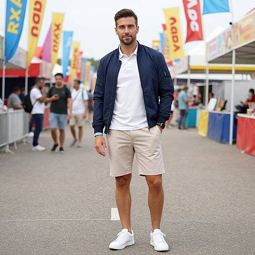 Photograph of a bearded man with short brown hair, wearing a navy jacket, white shirt, beige shorts, and white sneakers, walking down a