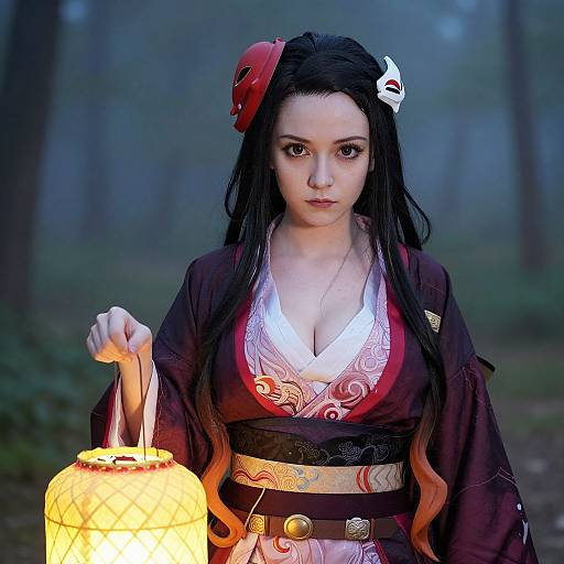 Photograph of an Asian woman with long black hair, wearing a traditional red and black kimono, holding a glowing lantern in a misty forest at
