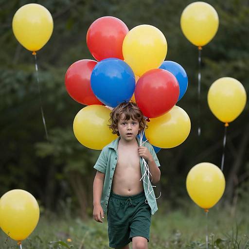 Boy with Colorful Balloons in Forest