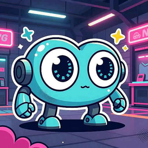 Digital illustration of a cute, blue, cartoon robot with large, shiny eyes, standing in a neon-lit, futuristic arcade. Bright neon signs and