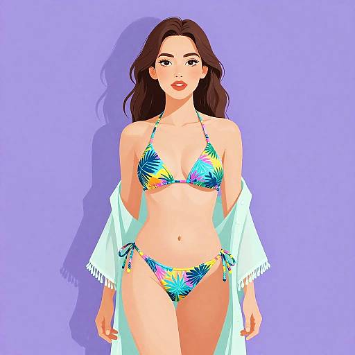 Stylish Woman in Tropical Bikini and Kimono