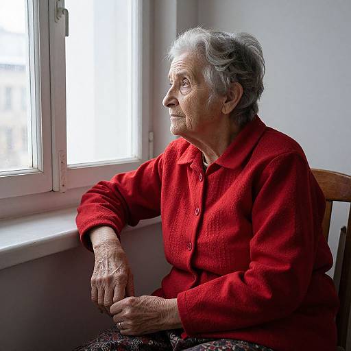 Photograph of an elderly woman with gray hair, wearing a red cardigan, sitting by a window, gazing outside softly lit by natural light.