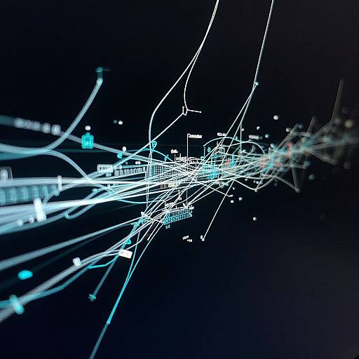 Abstract digital artwork of a glowing, interconnected network of white and blue lines on a black background, resembling a futuristic cityscape or circuitry.