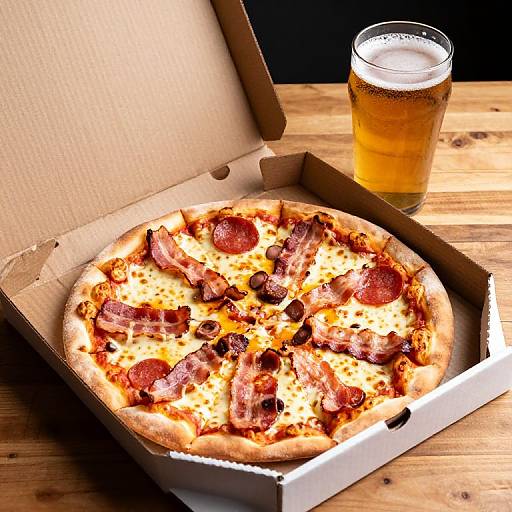 Personal Pizza with Beer on Table