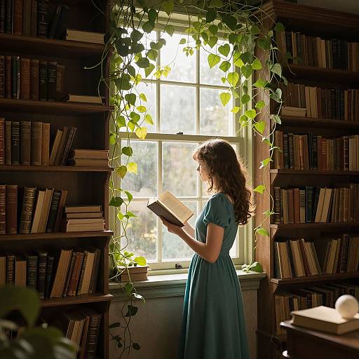 Photograph of a curly-haired woman in a blue dress, reading a book by sunlight streaming through a vine-covered window, surrounded by tall bookshelves