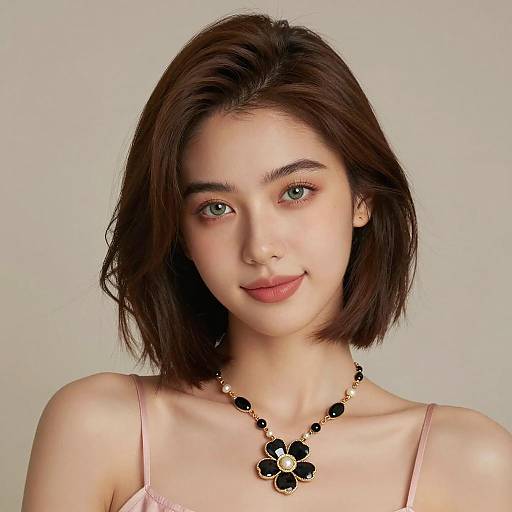 Portrait of Young Woman with Short Brown Hair and Elegant Necklace