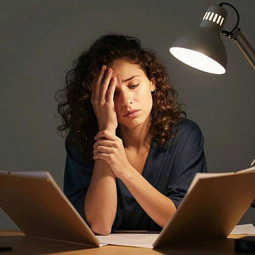 Worried Woman Under Desk Lamp