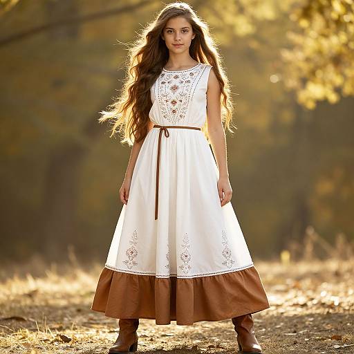 Elegant Girl in Brown and White Dress