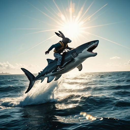 Cyborg Rabbit Riding Flying Shark Over Ocean
