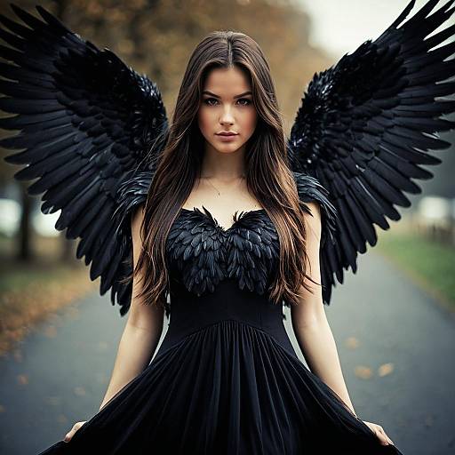 Woman in Black Dress with Feathered Wings