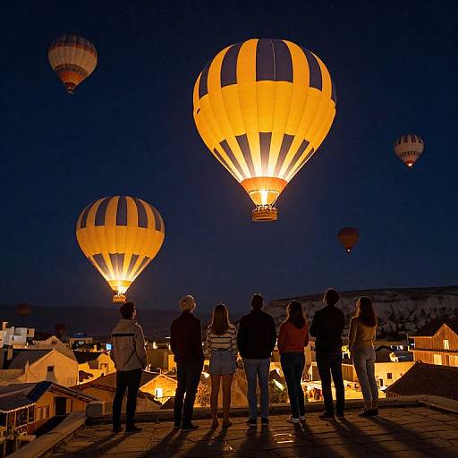 Photograph of six people standing on a rooftop at night, watching four glowing hot air balloons in a dark sky. Warm lights from buildings below illuminate the