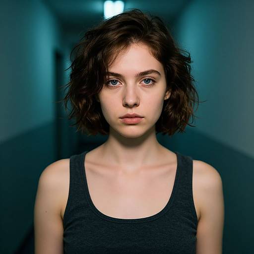 Photograph of a pale-skinned, androgynous young woman with short, messy brown hair, blue eyes, and wearing a black tank top