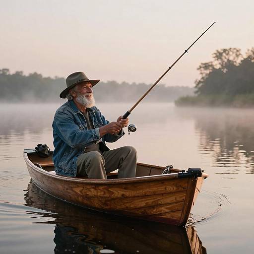 Joyful Elderly Man Fishing at Dawn
