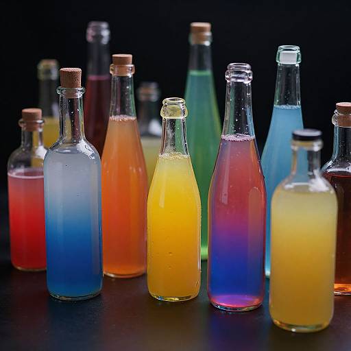 Photograph of colorful, gradient-filled glass bottles with cork stoppers, featuring vibrant hues of red, orange, yellow, green, blue, and purple
