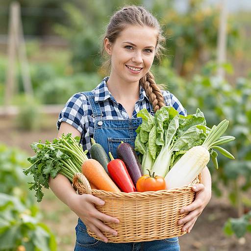 Photograph of a smiling young woman with braided brown hair, wearing a blue checkered shirt and denim overalls, holding a basket of fresh vegetables